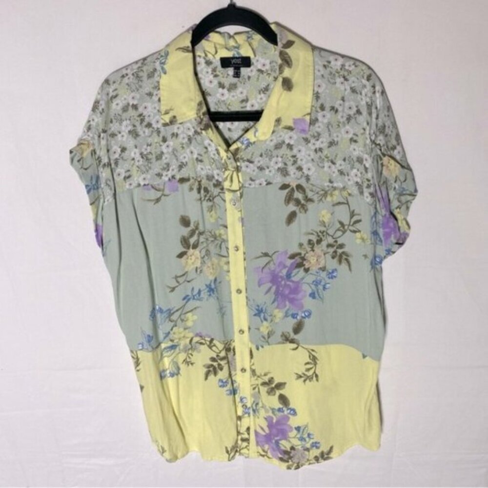 Yest Green Yellow Purple Floral Button Up Shirt Sleeve Blouse 12